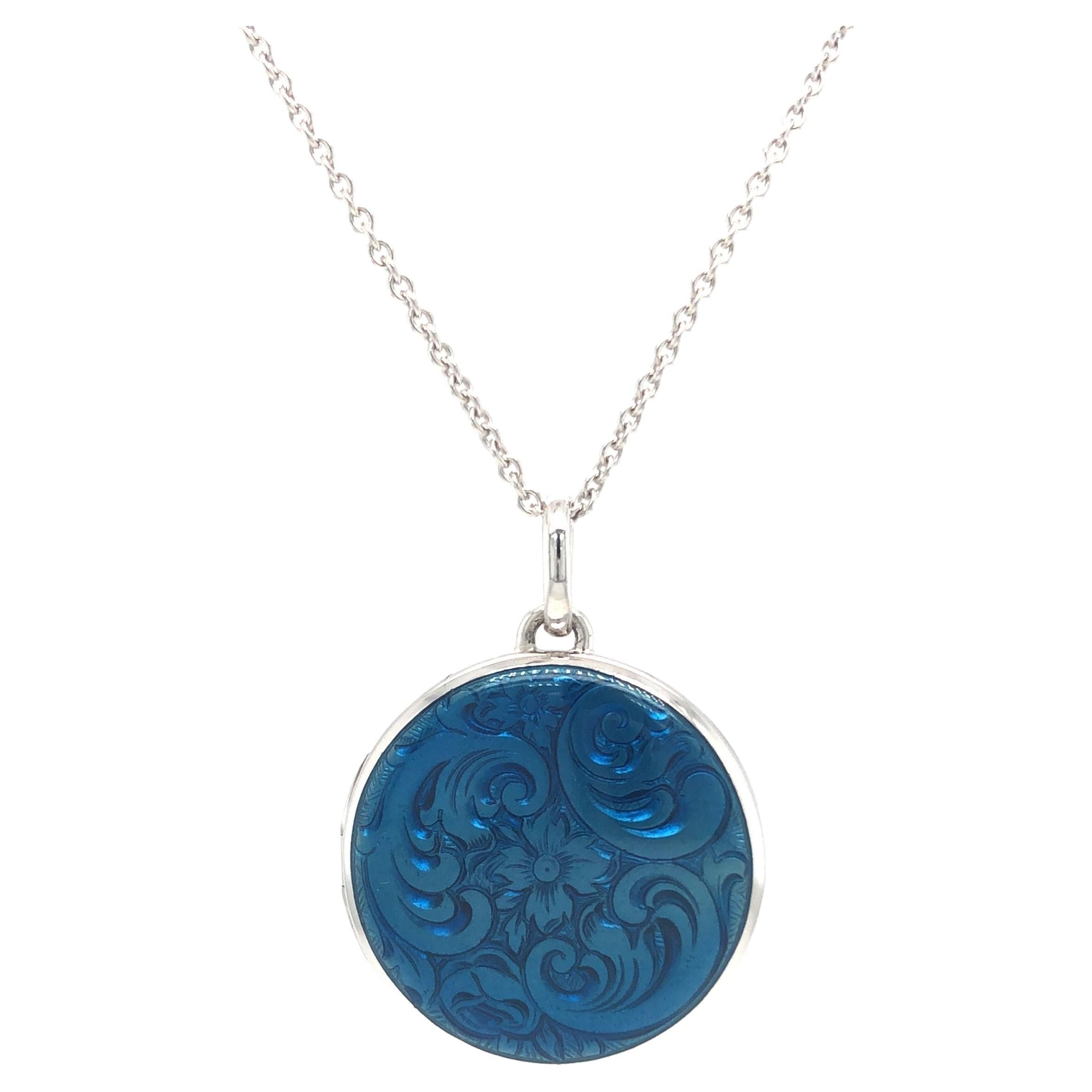Round Locket Pendant Necklace White Gold Blue Fire Enamel over Scroll Engraving