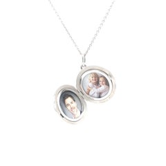 Round Locket Pendant White Gold Petrol Blue Fire Enamel over Scroll Engraving