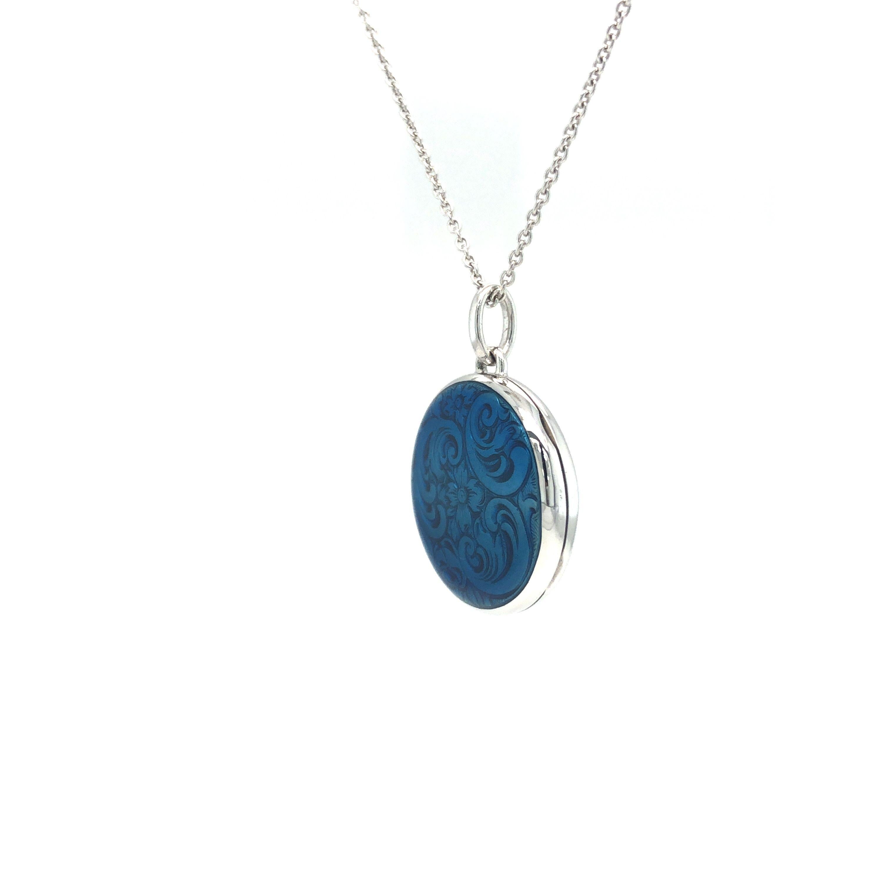Round Locket Pendant White Gold Petrol Blue Fire Enamel over Scroll Engraving For Sale 4