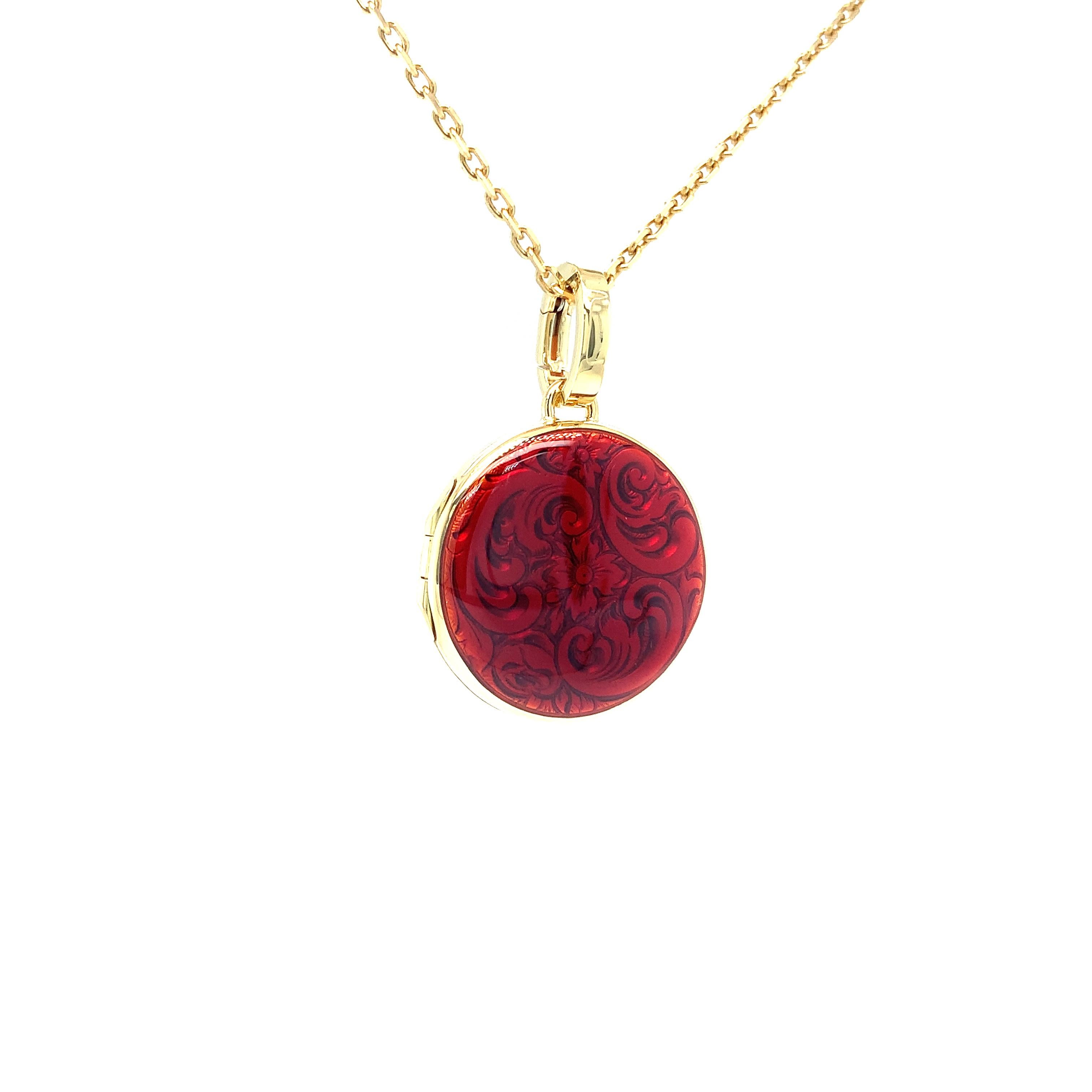 Victorian Round Locket Pendant Yellow Gold Red Fire Enamel over Scroll Engraving For Sale
