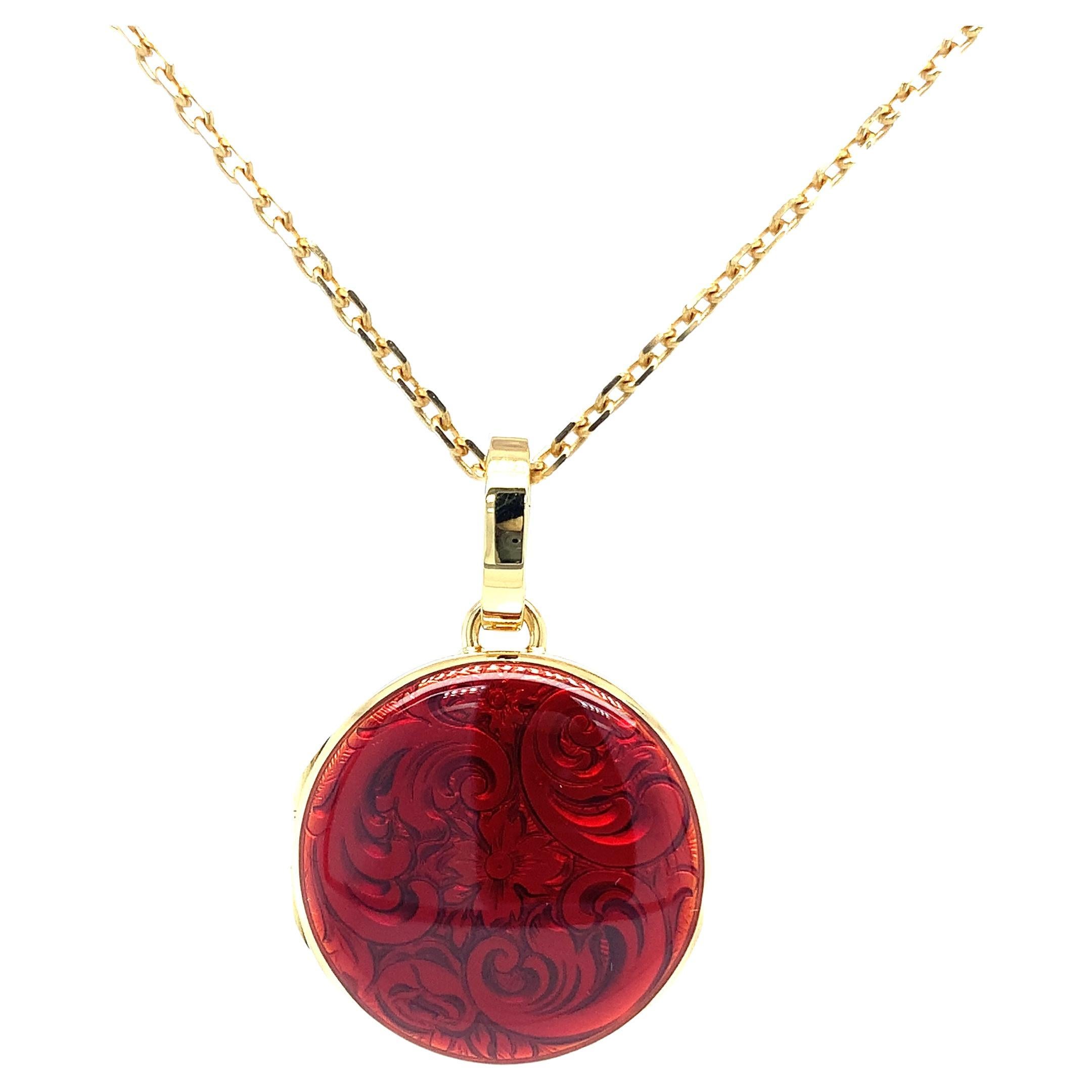 Round Locket Pendant Yellow Gold Red Fire Enamel over Scroll Engraving For Sale