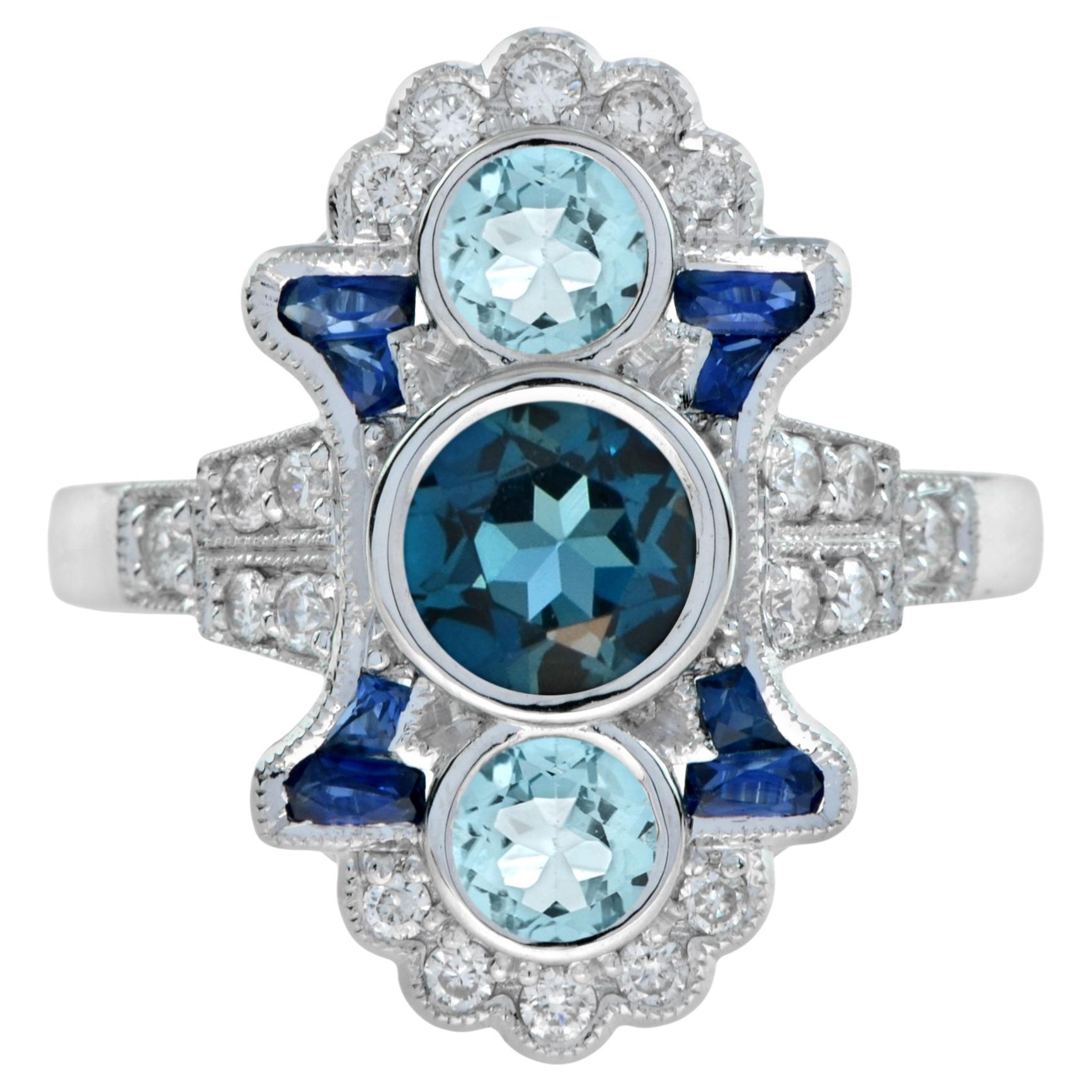 Runder Londoner Blautopas & Aquamarin Saphir und Diamant Ring aus 14K Weißgold im Angebot