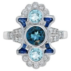 Runder Londoner Blautopas & Aquamarin Saphir und Diamant Ring aus 14K Weißgold