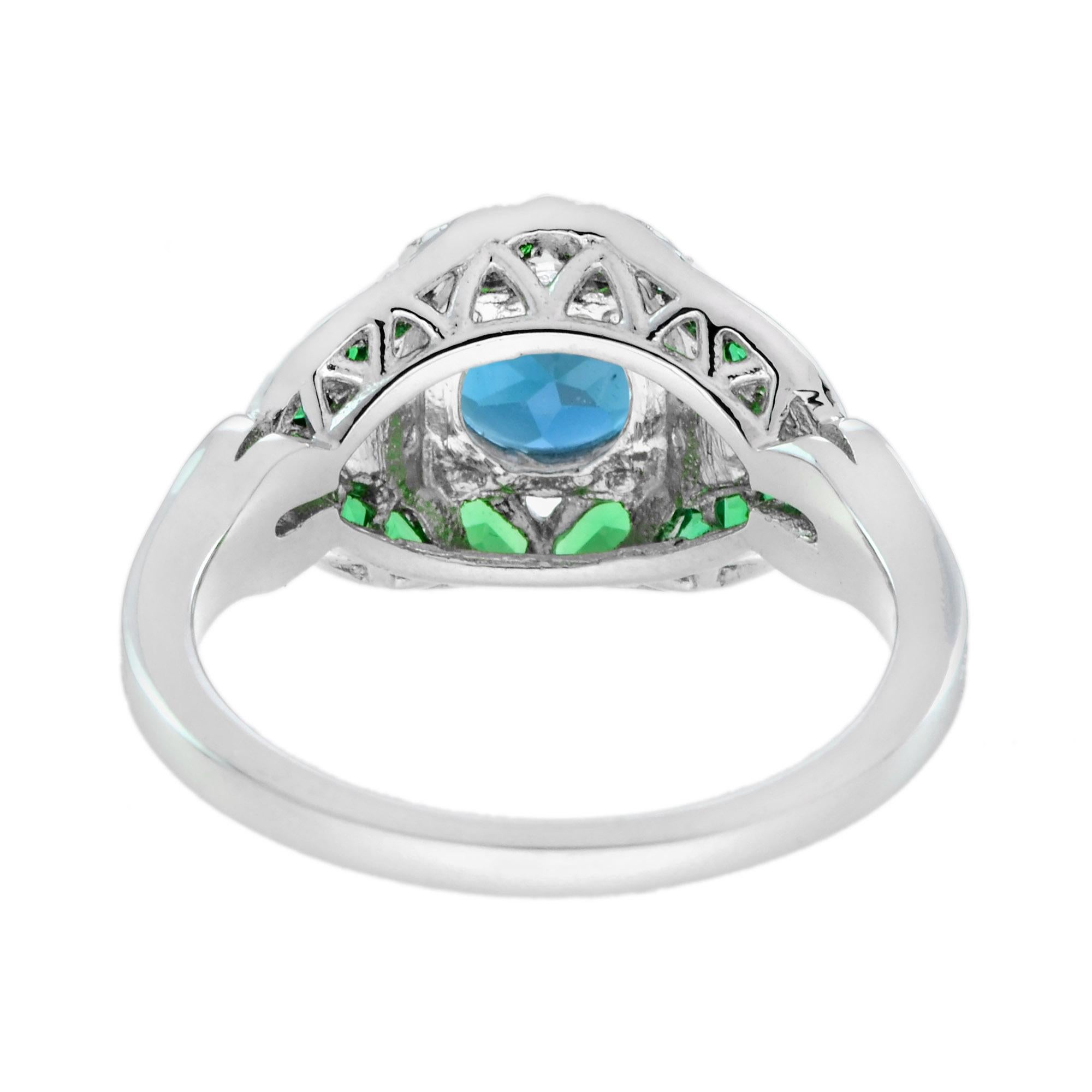 Runder Londoner Blautopas & Diamant Grüner Smaragd Art Deco Stil Weißgoldring (Art déco) im Angebot