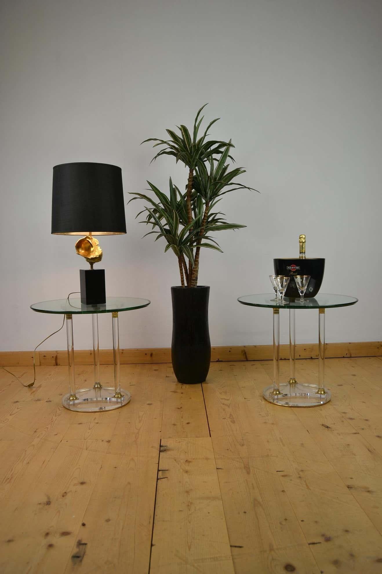 French Round Lucite with Brass Side Table, Modern Design Table, France, 1970s For Sale