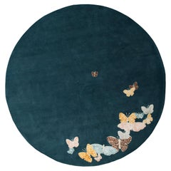 Round Luxury Butterfly hand-knotted Nepalese Rug in dark Teal. Wool and Silk