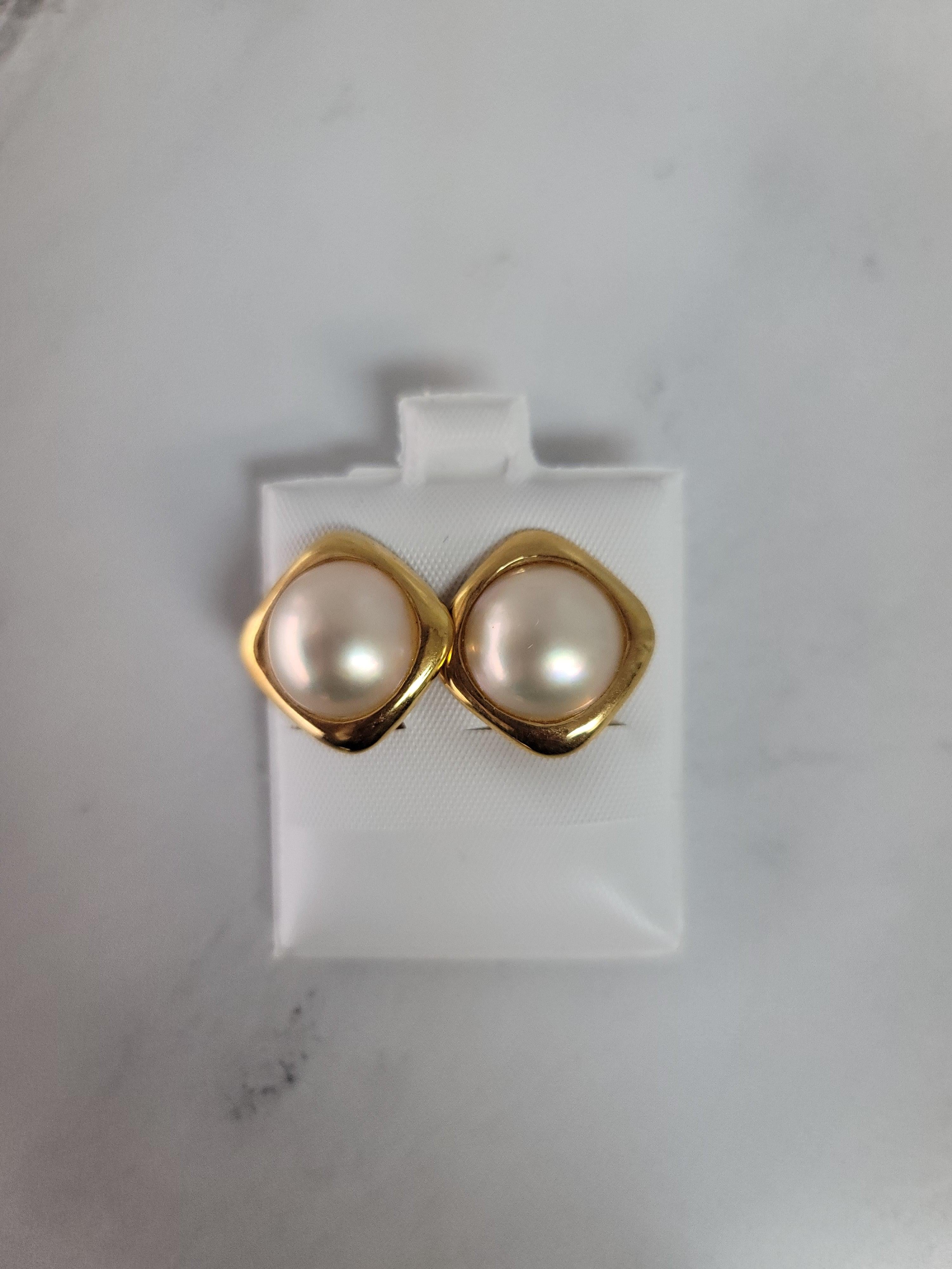 Round Cut Round Mabe Pearl Omega Clip On Earrings For Sale