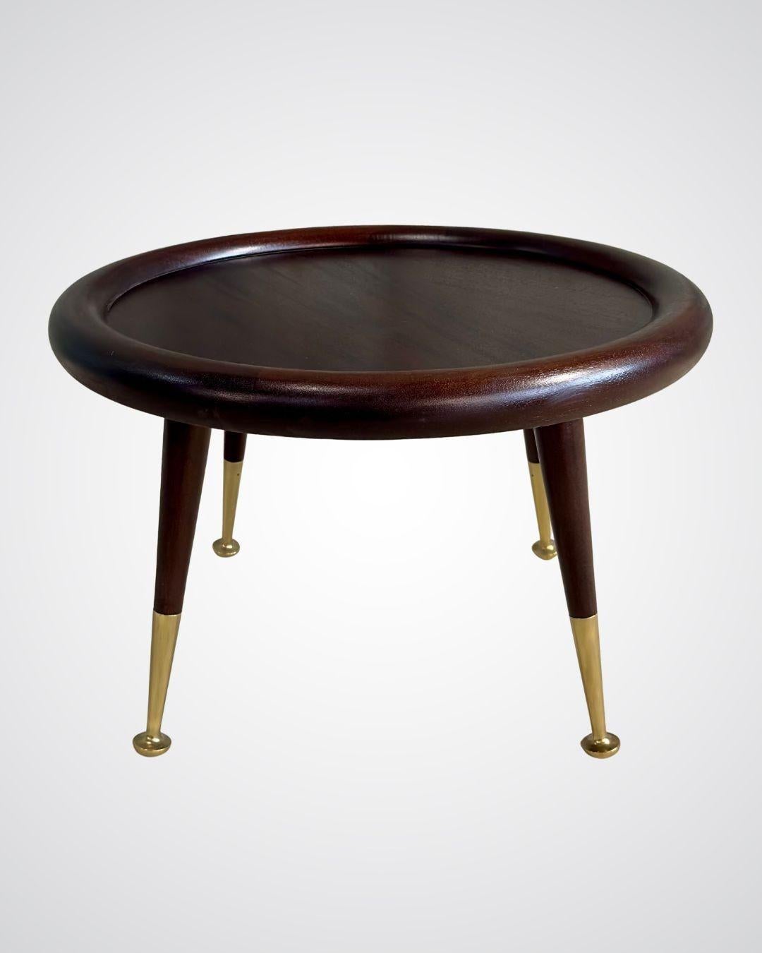 Round Mahogany Brass Side Table attributed to Robsjohn Gibbings, 1950.  Table has been completely restored.