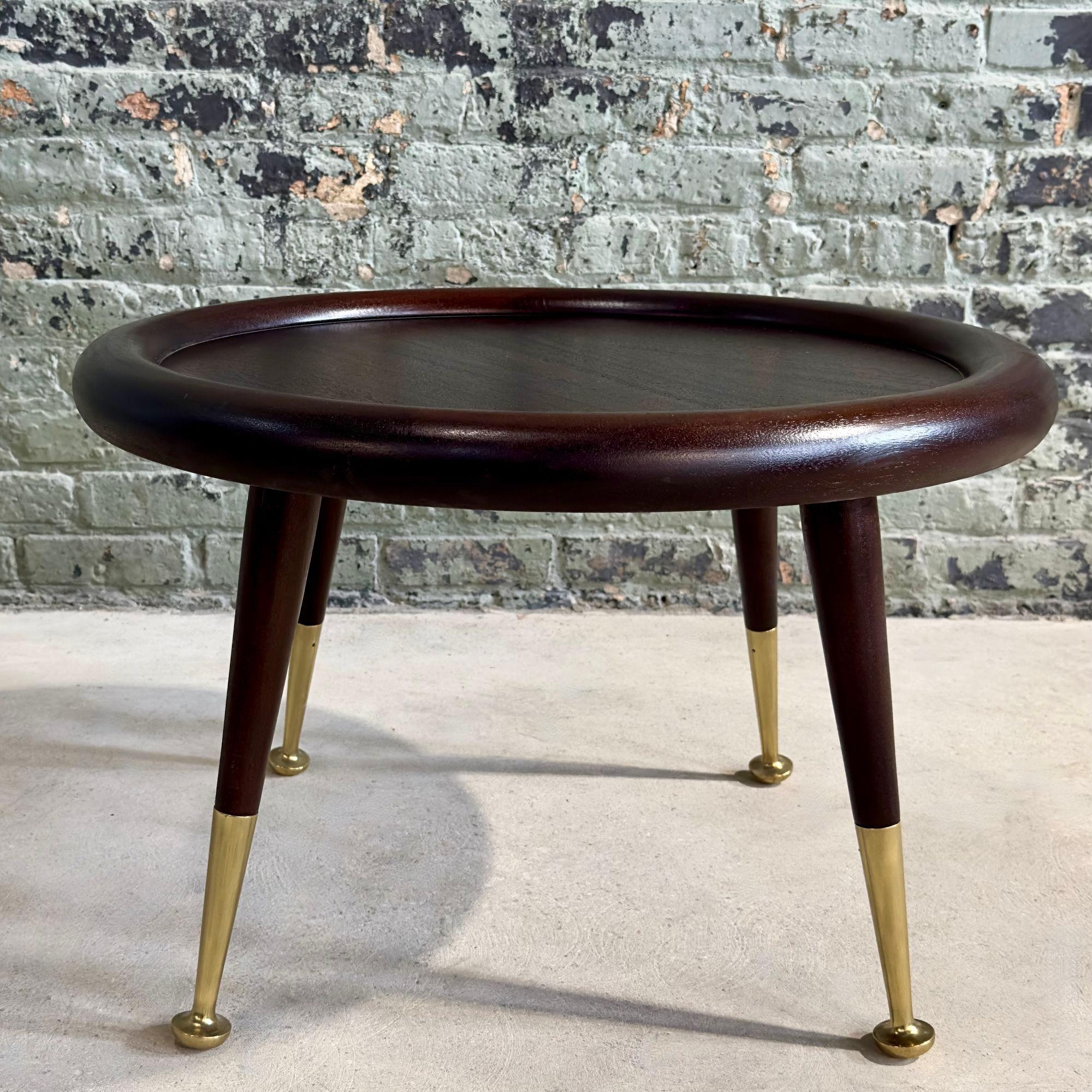 Mid-Century Modern Round Mahogany Brass Side Table attributed to Robsjohn Gibbings, 1950 For Sale