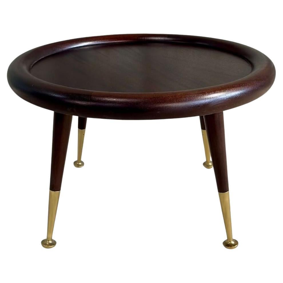 Round Mahogany Brass Side Table attributed to Robsjohn Gibbings, 1950 For Sale