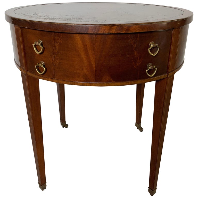 Round Mahogany Leather Top Drum Table For Sale at 1stdibs