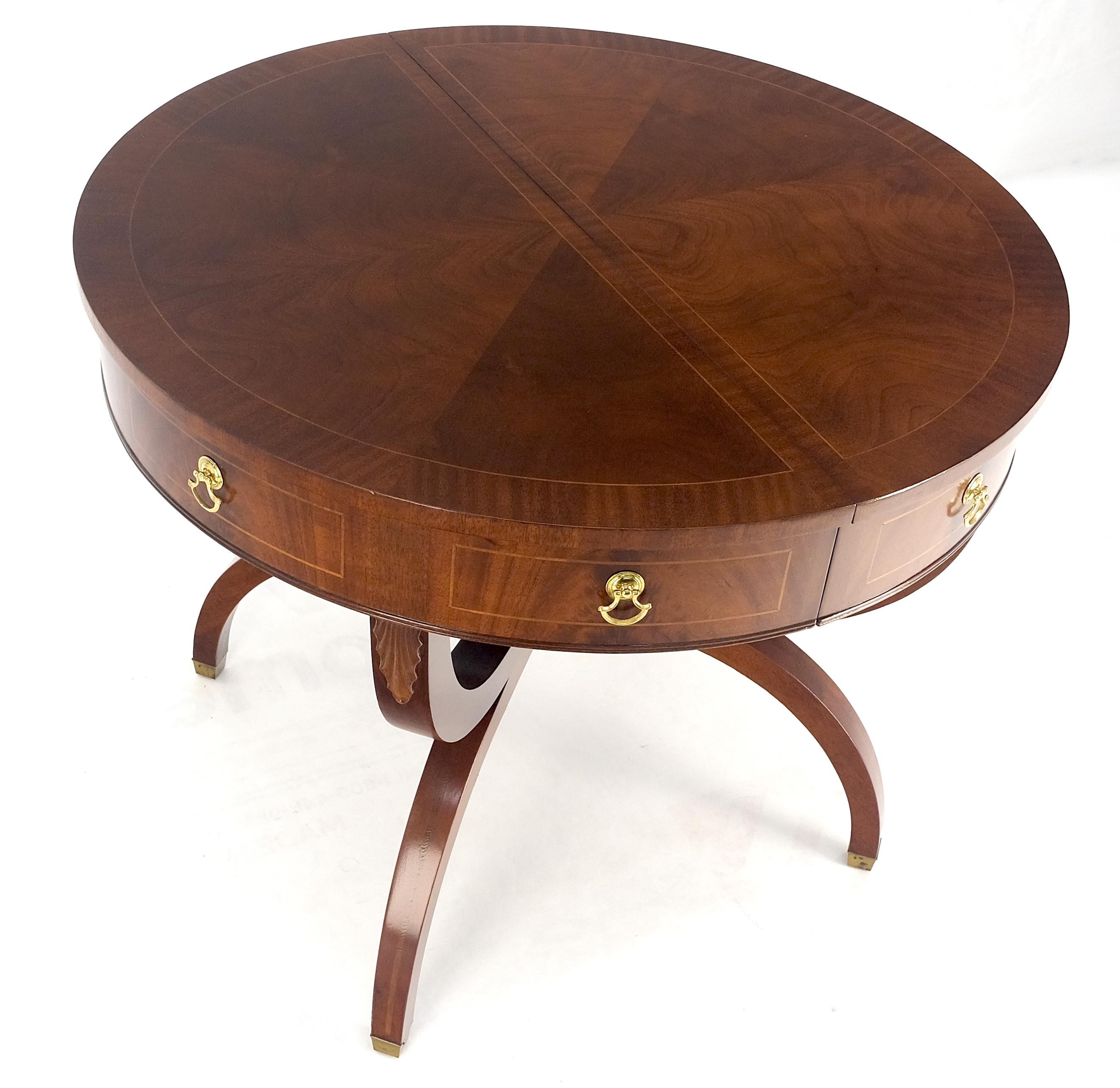 Round Mahogany Single Pedestal Drum to Duning Table w/ 2 Extension Boards Mint For Sale 5