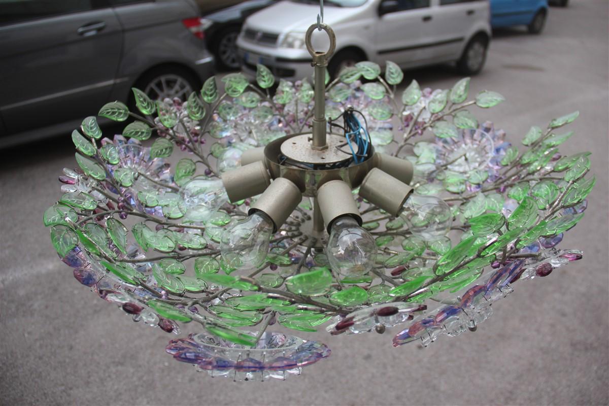 Mid-Century Modern Round Crystal Style Chandelier Green Violet French Midcentury Design, 1950s For Sale