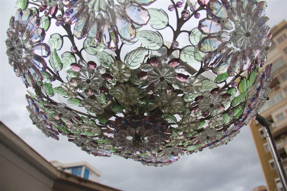 Round Crystal Style Chandelier Green Violet French Midcentury Design, 1950s For Sale 2