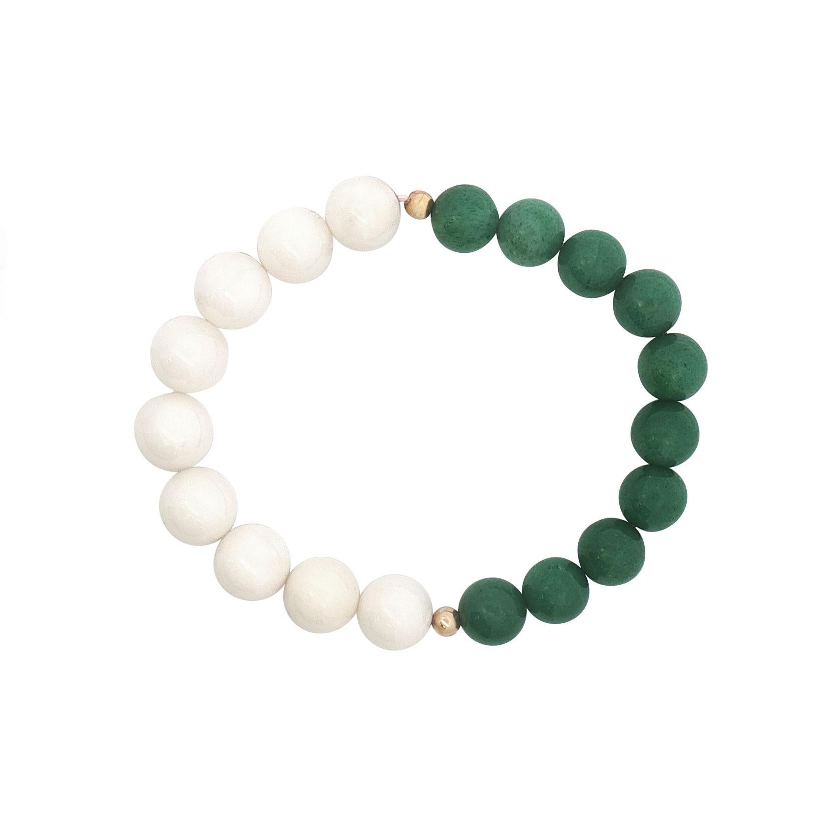 Round Cut Round Malachite and White Coral Beaded Bracelet with 14K Yellow Gold Accents For Sale