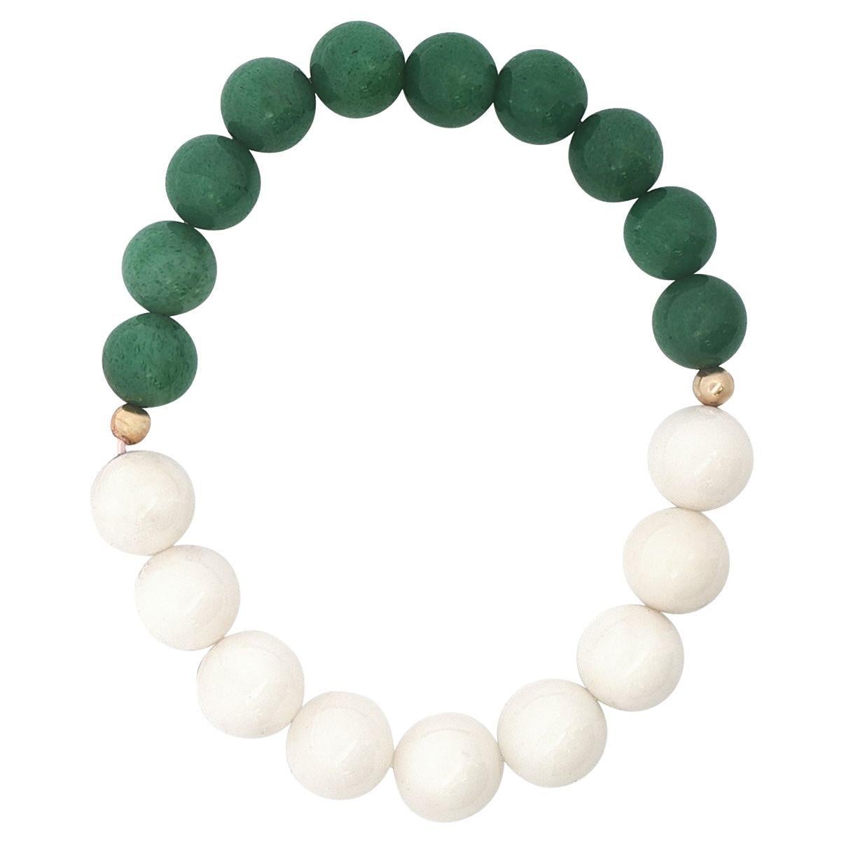 Round Malachite and White Coral Beaded Bracelet with 14K Yellow Gold Accents For Sale