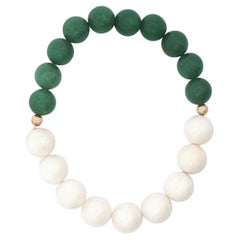 Round Malachite and White Coral Beaded Bracelet with 14K Yellow Gold Accents
