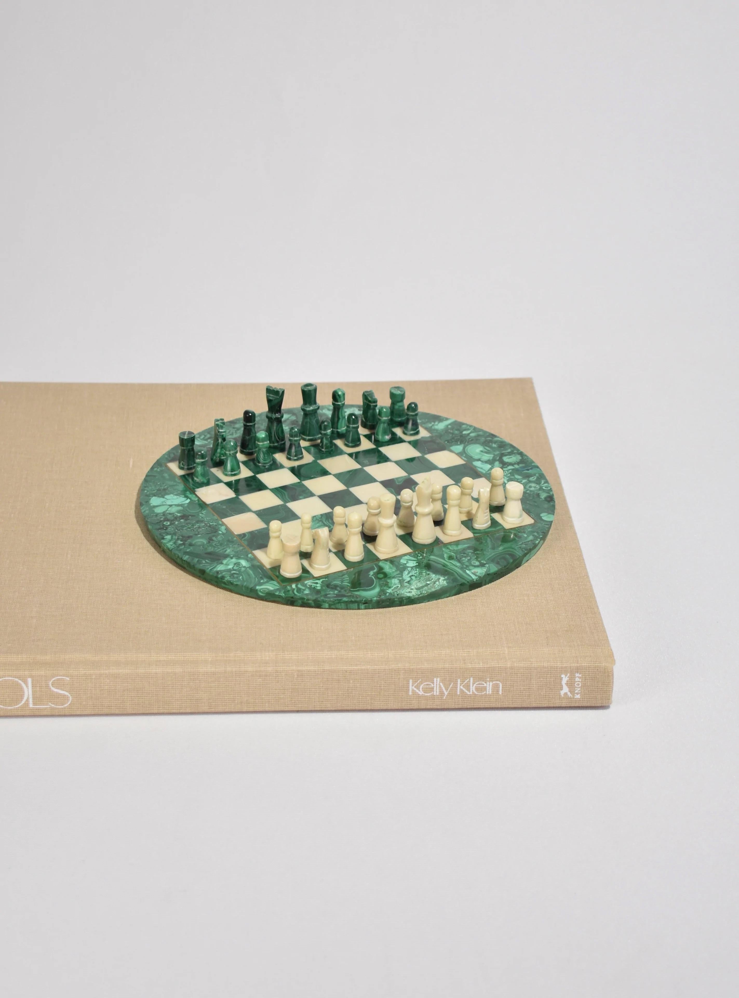 Hand-Carved Round Malachite Chess Set