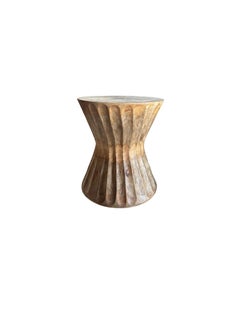 Round Mango Wood Side Table, Carved Detailing, Modern Organic