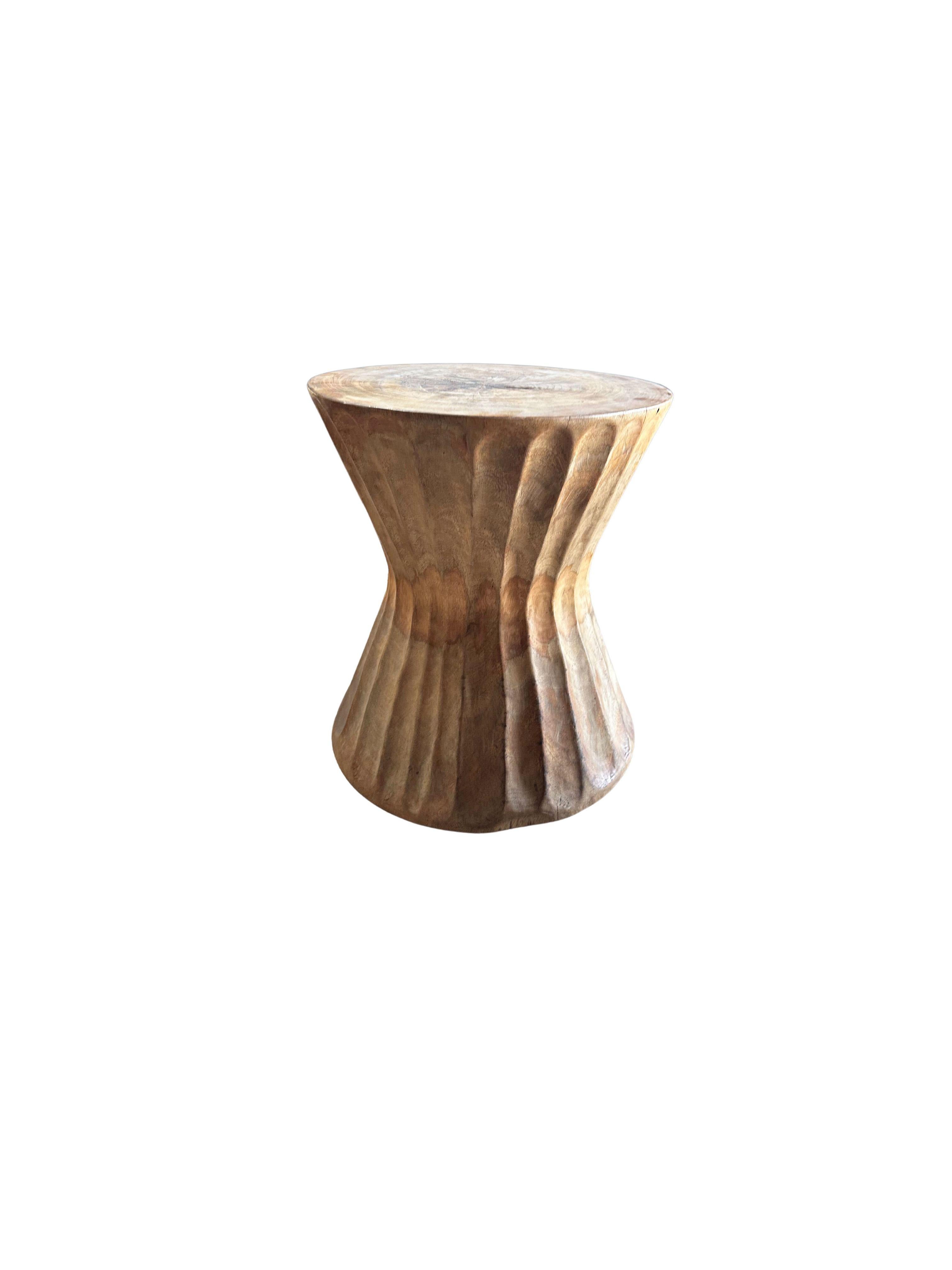Indonesian Round Mango Wood Side Table, Carved Detailing, Modern Organic For Sale