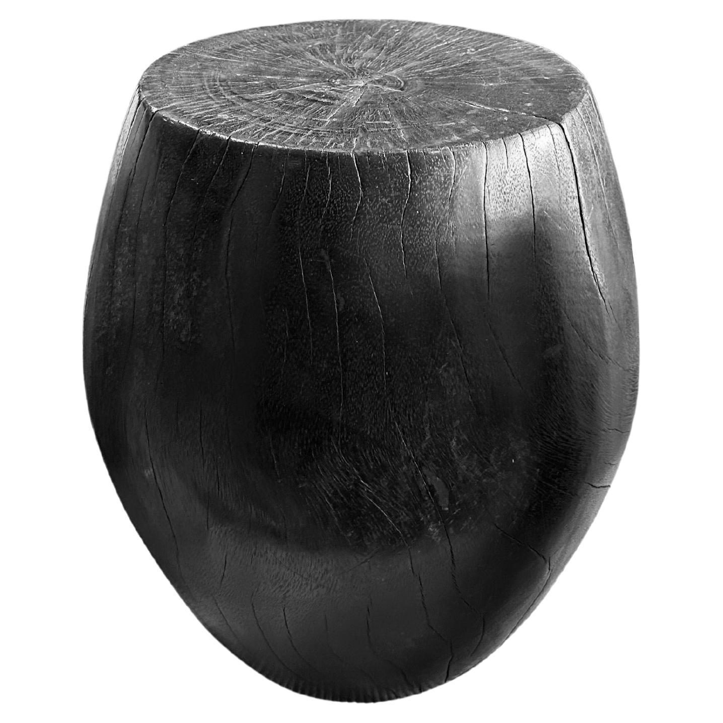 Round Mango Wood Side Table, Burnt Finish, Carved Detailing, Modern Organic For Sale