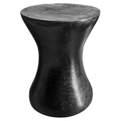 Round Mango Wood Side Table, Burnt Finish, Carved Detailing, Modern Organic