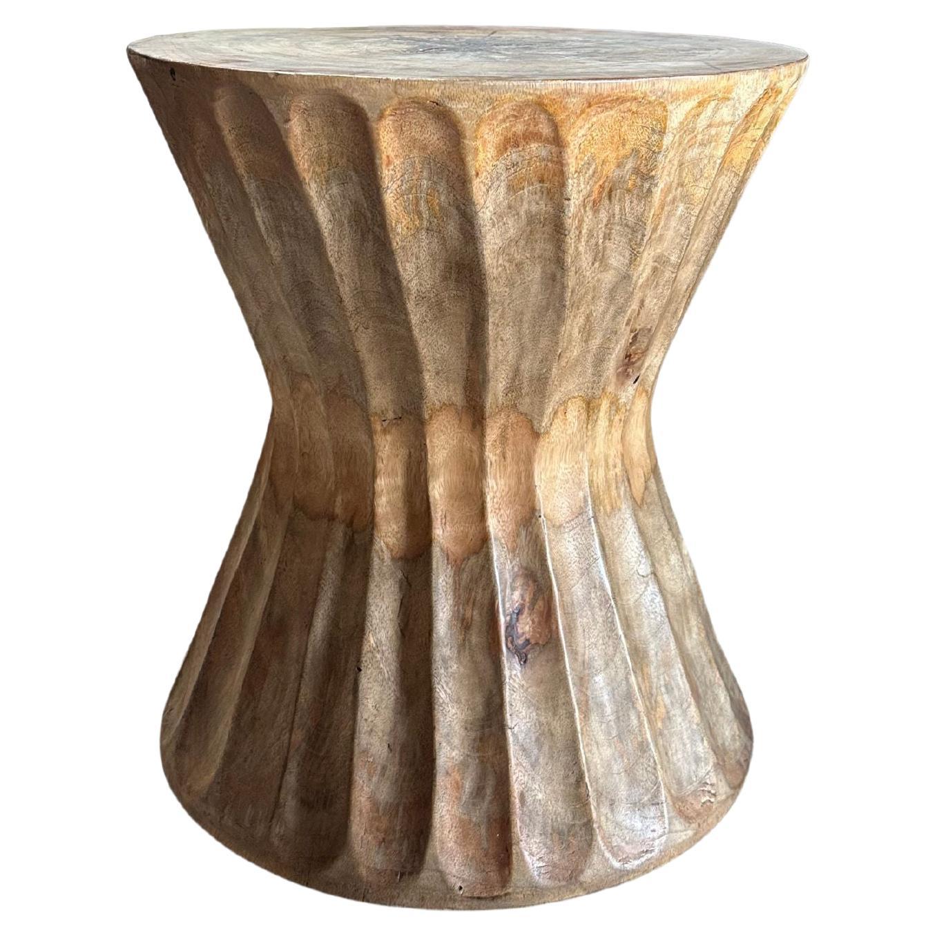 Round Mango Wood Side Table, Carved Detailing, Modern Organic For Sale