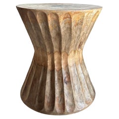 Round Mango Wood Side Table, Carved Detailing, Modern Organic