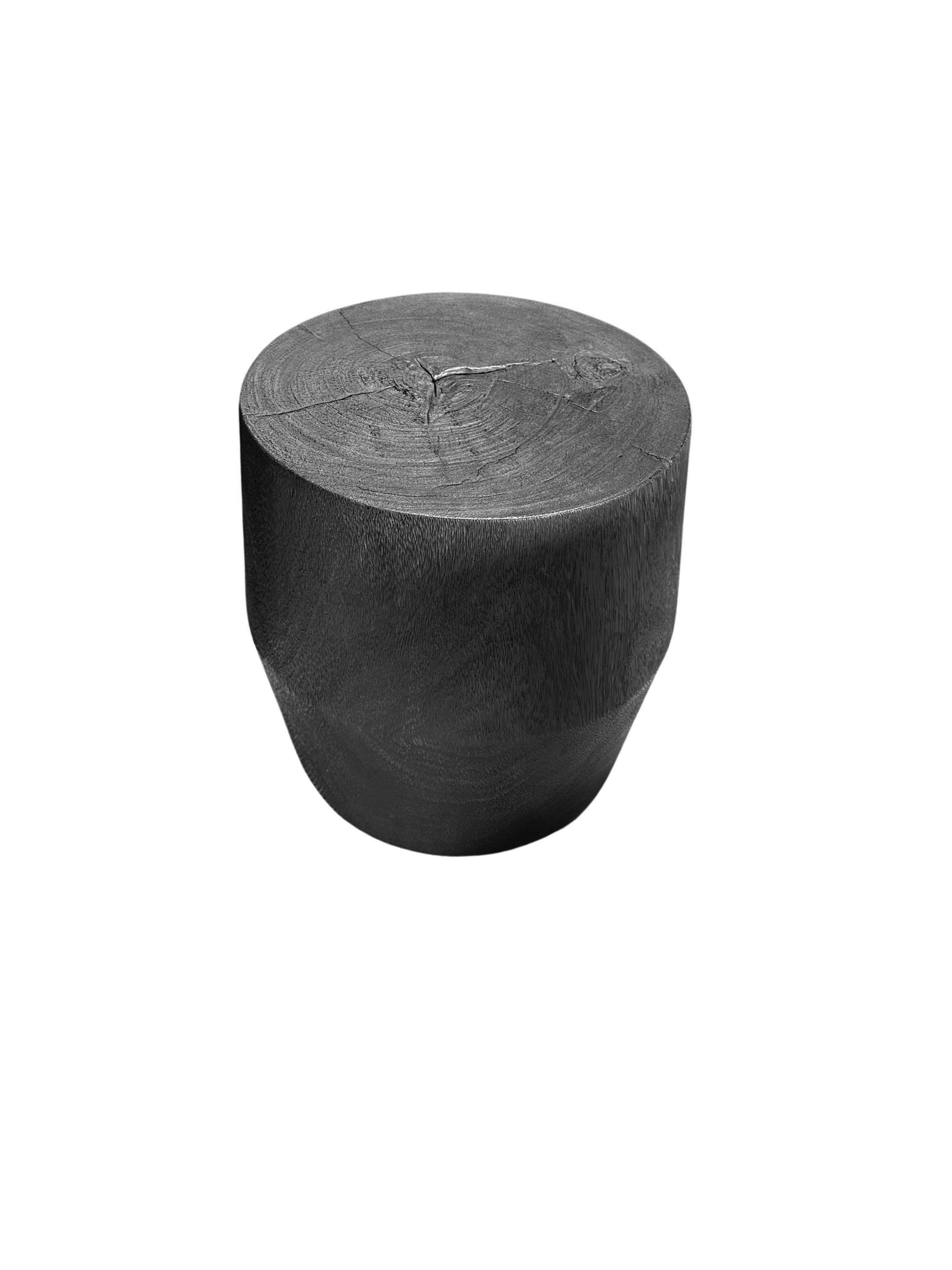 Indonesian Round Mango Wood Side Table, Burnt Finish, Modern Organic For Sale