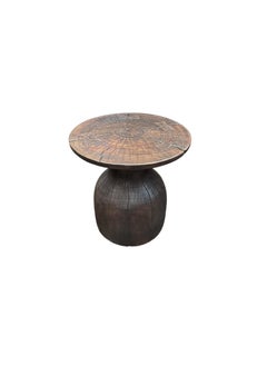 Round Mango Wood Side Table, Modern Organic, Brown Finish