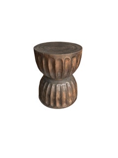 Round Mango Wood Side Table, Carved Detailing, Modern Organic, Brown Finish