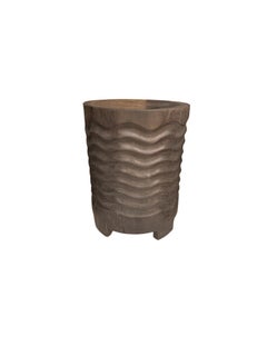 Round Mango Wood Side Table, Carved Detailing, Modern Organic, Brown Finish