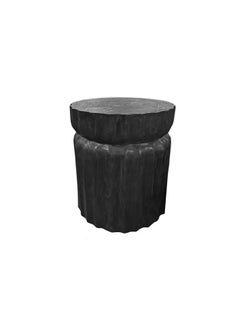 Round Teak Wood Side Table, Carved Detailing, Modern Organic, Burnt Finish