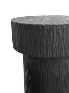 Round Mango Wood Side Table, Carved Detailing, Modern Organic, Burnt Finish