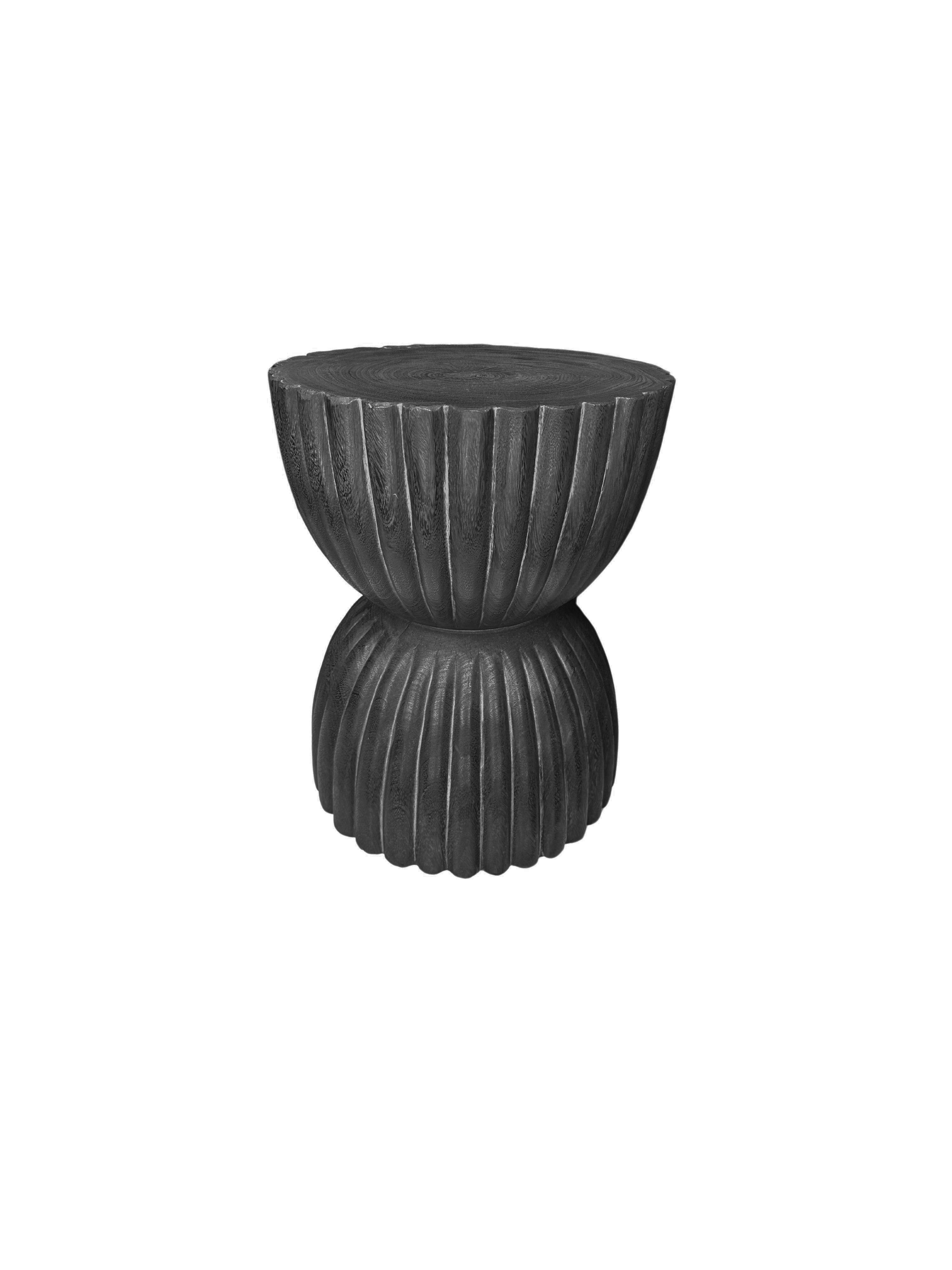 Indonesian Round Mango Wood Side Table, Carved Detailing, Modern Organic, Burnt Finish For Sale