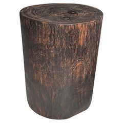 Table d'appoint ronde en bois de Mango, détails sculptés, finition organique moderne, brûlée