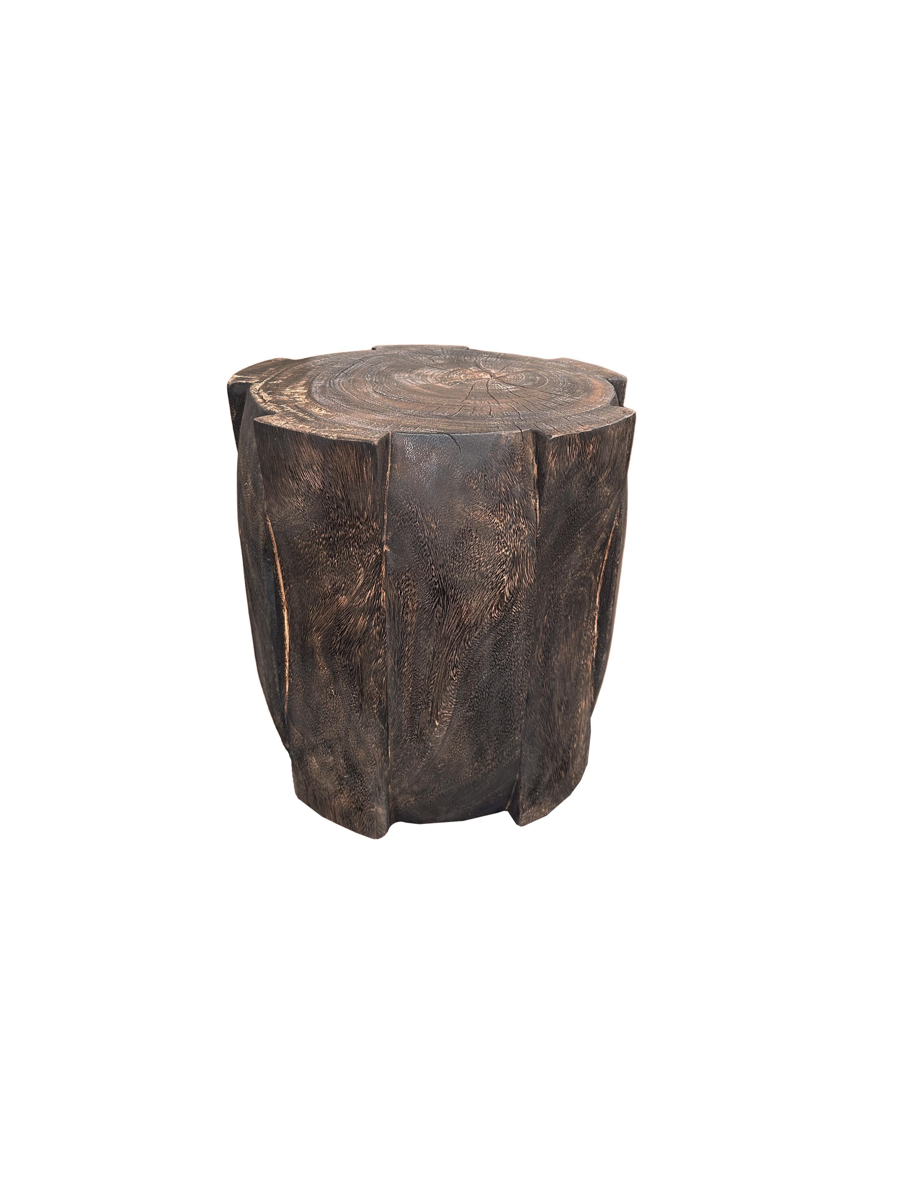 Hand-Crafted Round Mango Wood Side Table, Carved Detailing, Modern Organic, Espresso Finish For Sale