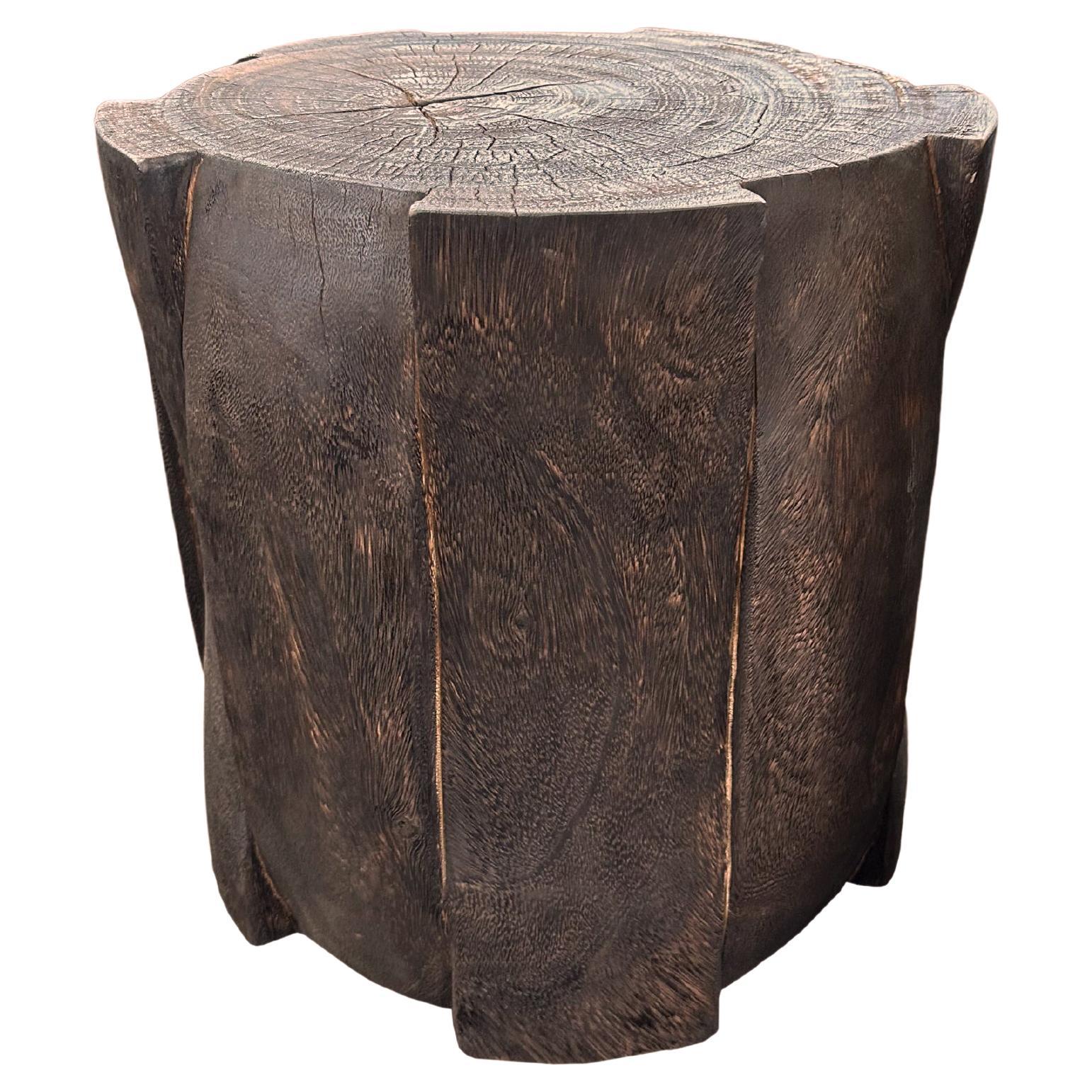 Round Mango Wood Side Table, Carved Detailing, Modern Organic, Espresso Finish
