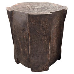 Round Mango Wood Side Table, Carved Detailing, Modern Organic, Espresso Finish