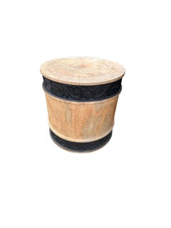 Round Mango Wood Side Table, Carved Detailing, Modern Organic