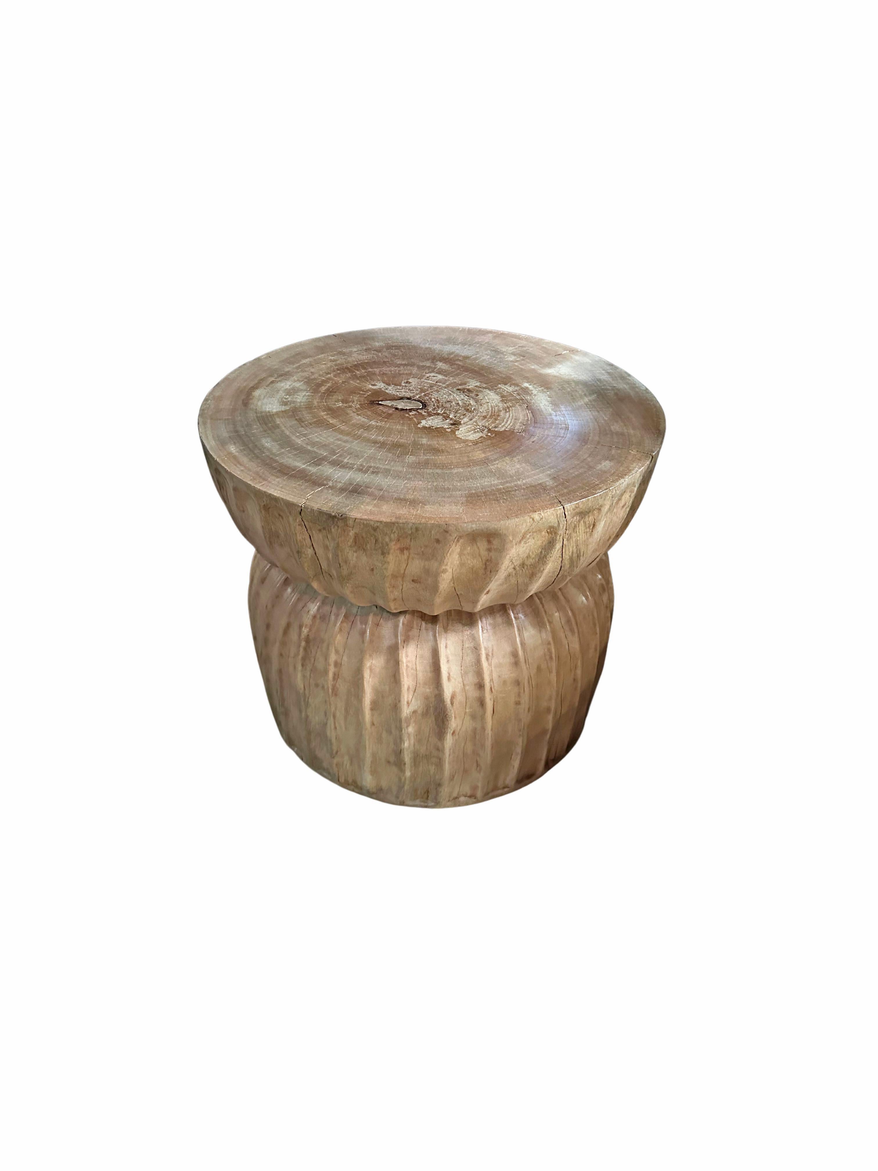 Organic Modern Round Mango Wood Side Table, Carved Detailing, Modern Organic For Sale