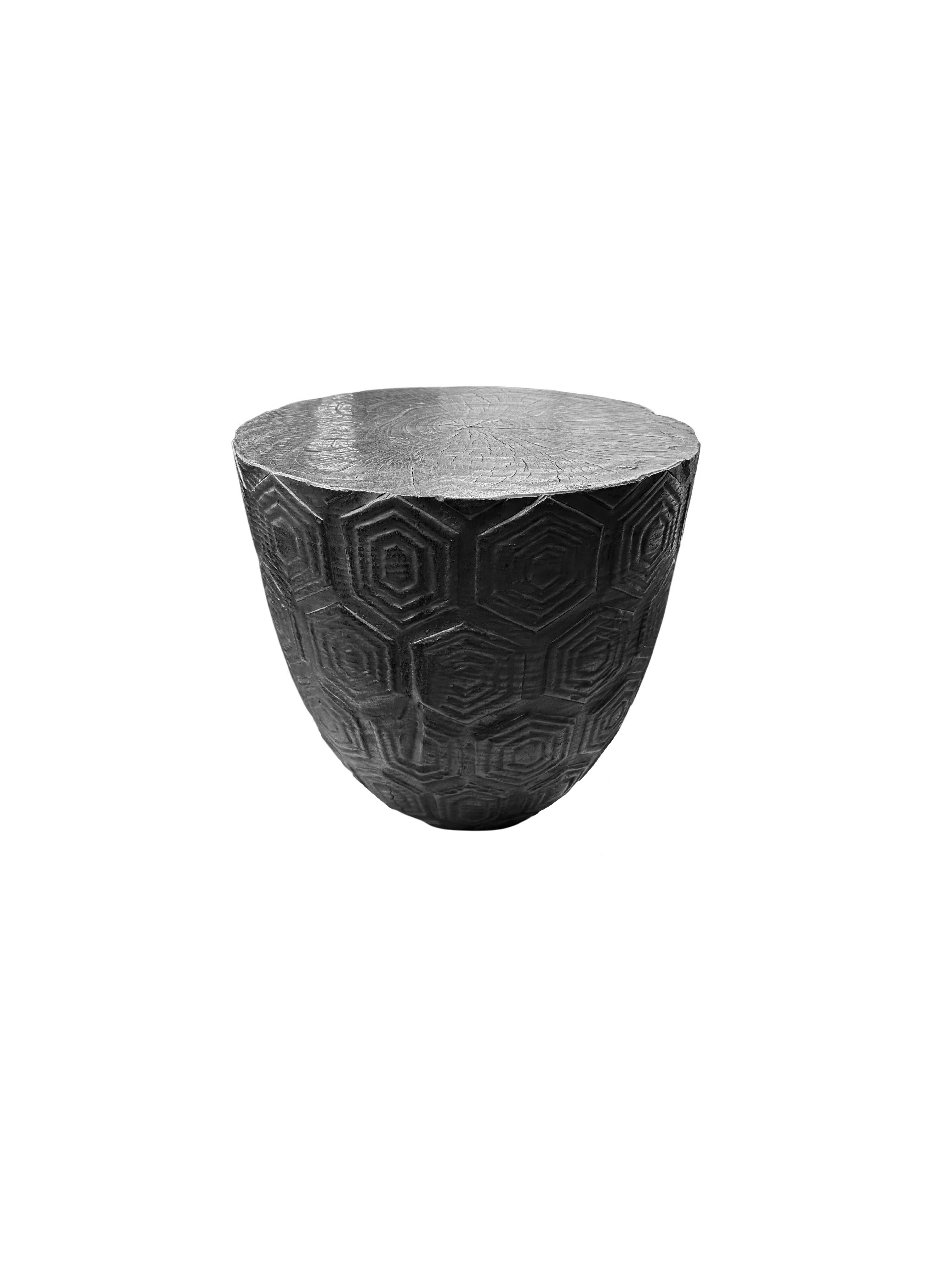 Organic Modern Round Mango Wood Side Table, Carved Detailing, Modern Organic For Sale