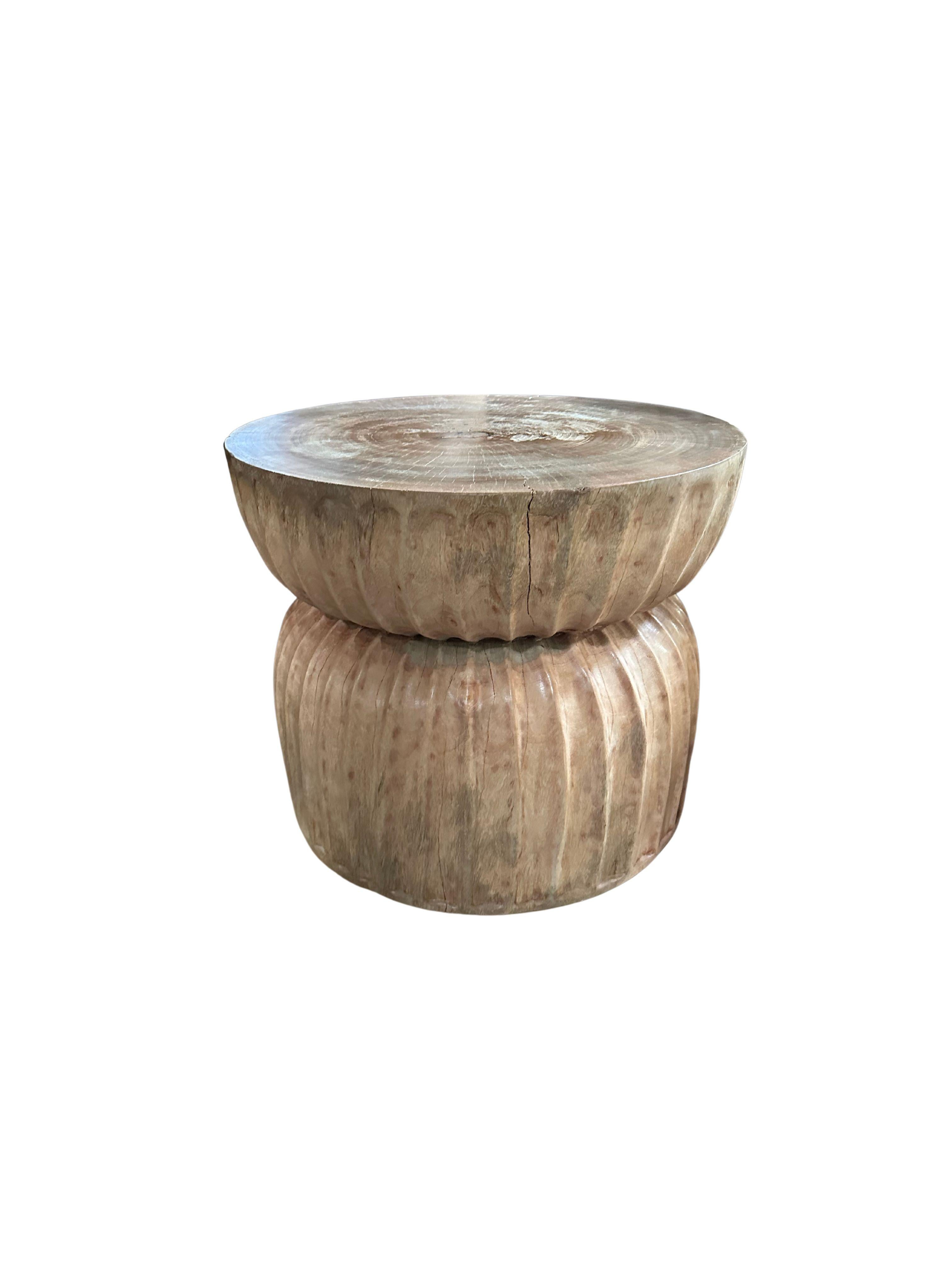 Indonesian Round Mango Wood Side Table, Carved Detailing, Modern Organic For Sale