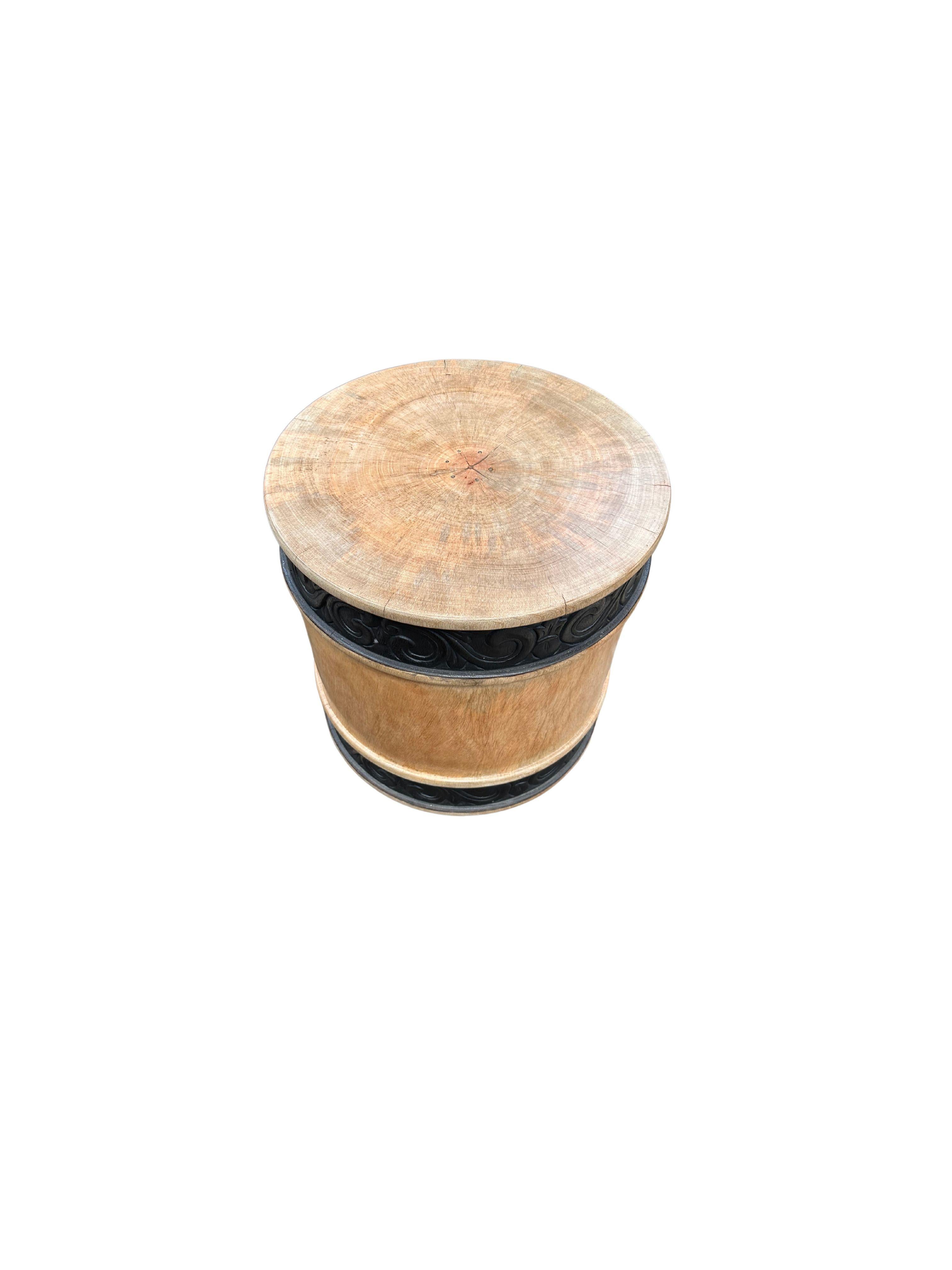 Indonesian Round Mango Wood Side Table, Carved Detailing, Modern Organic For Sale