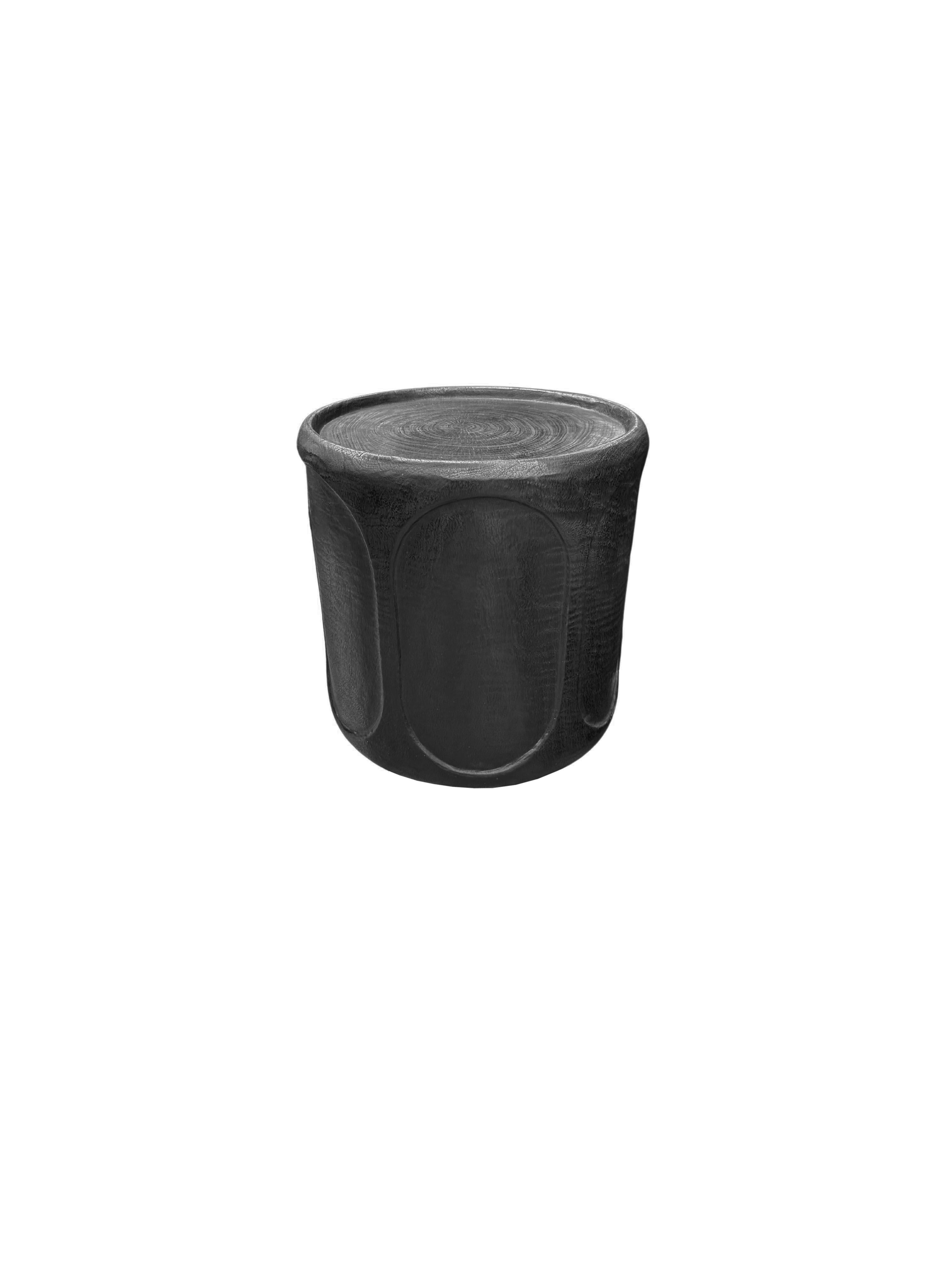 Indonesian Round Mango Wood Side Table, Carved Detailing, Modern Organic For Sale