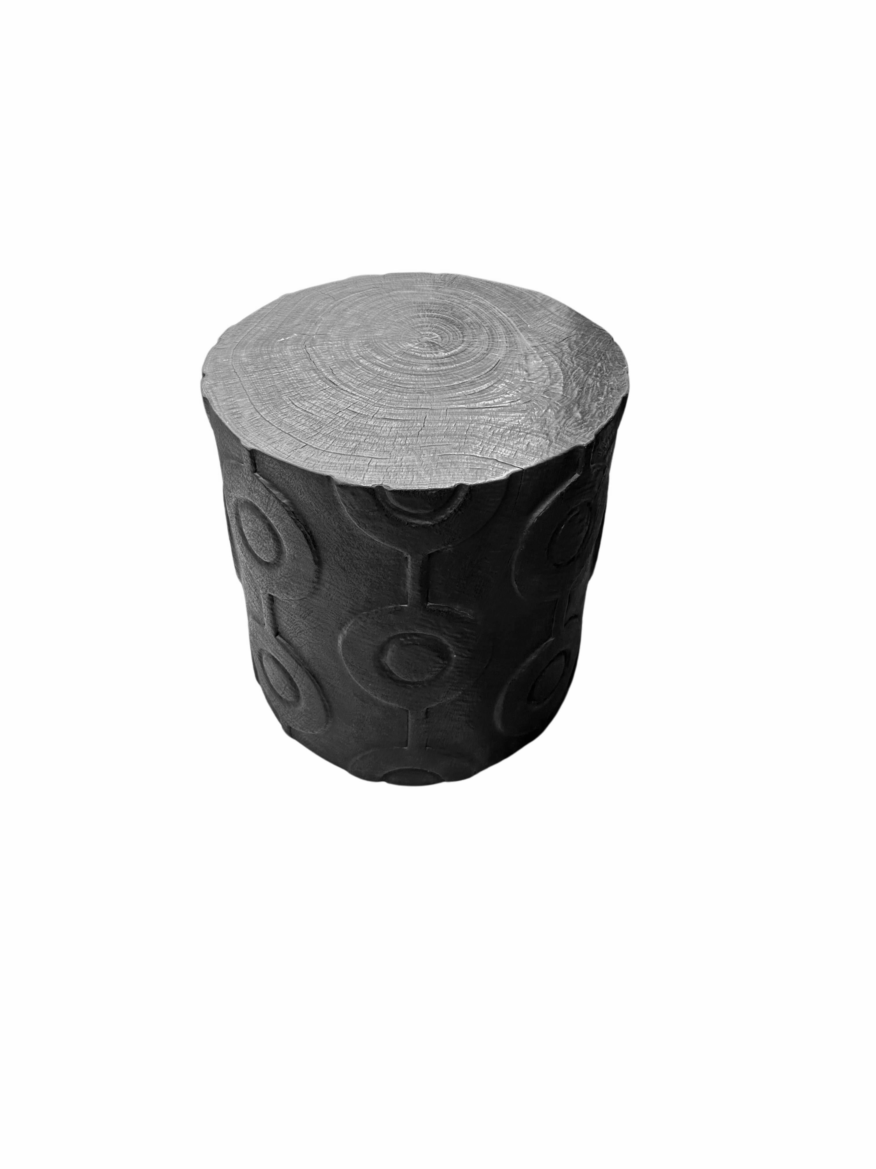 Indonesian Round Mango Wood Side Table, Carved Detailing, Modern Organic For Sale