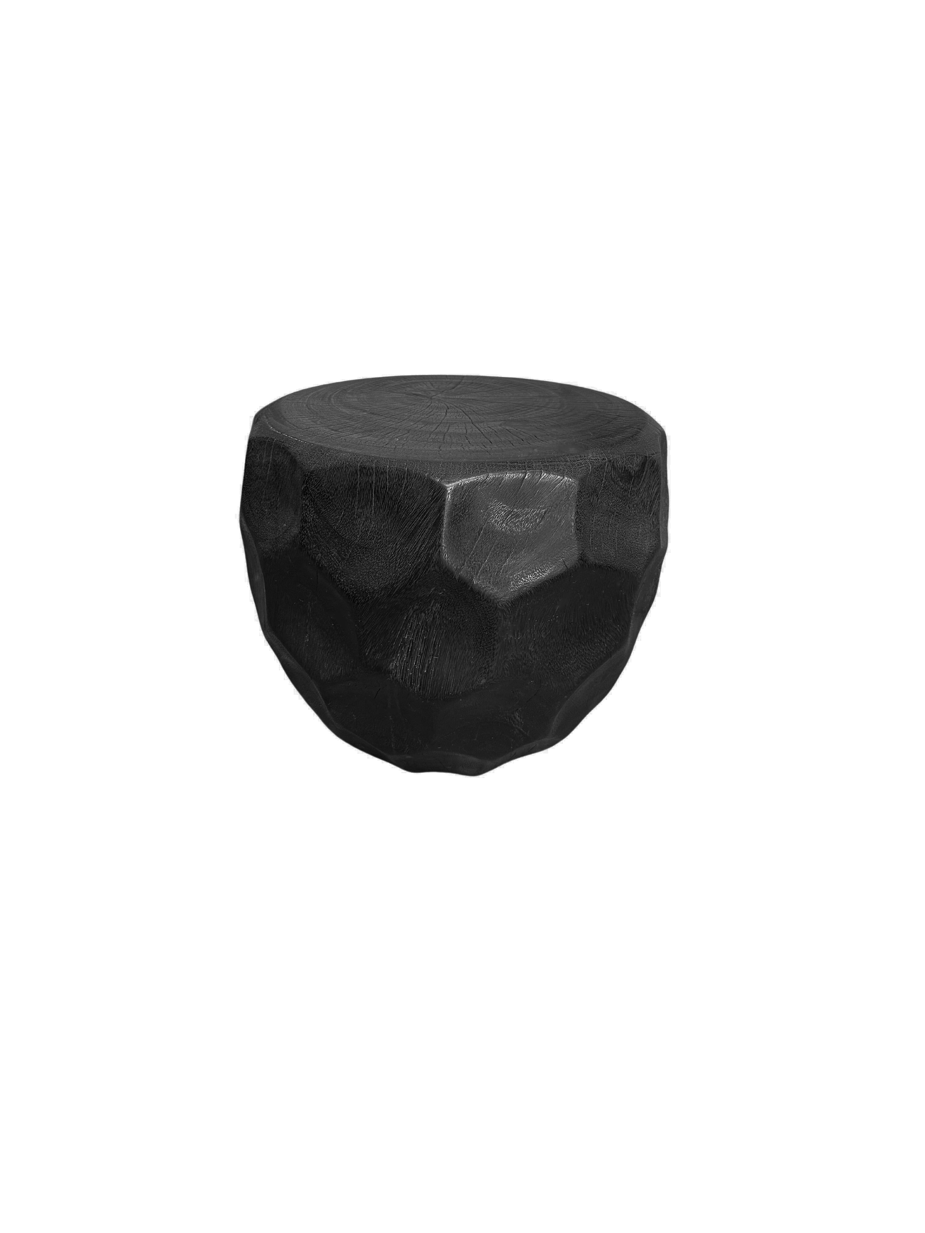 Indonesian Round Mango Wood Side Table, Carved Detailing, Modern Organic For Sale