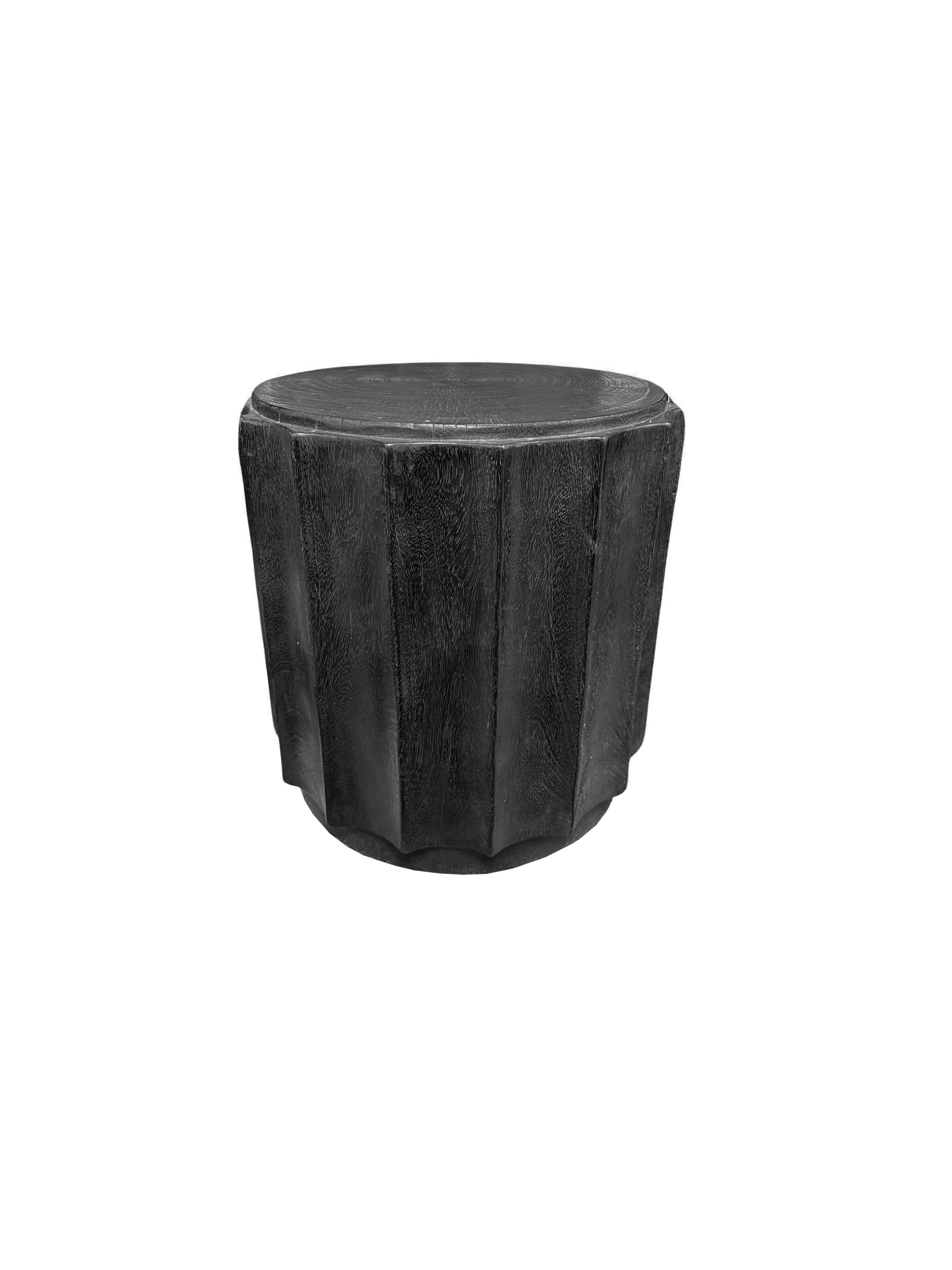 Indonesian Round Mango Wood Side Table, Carved Detailing, Modern Organic For Sale