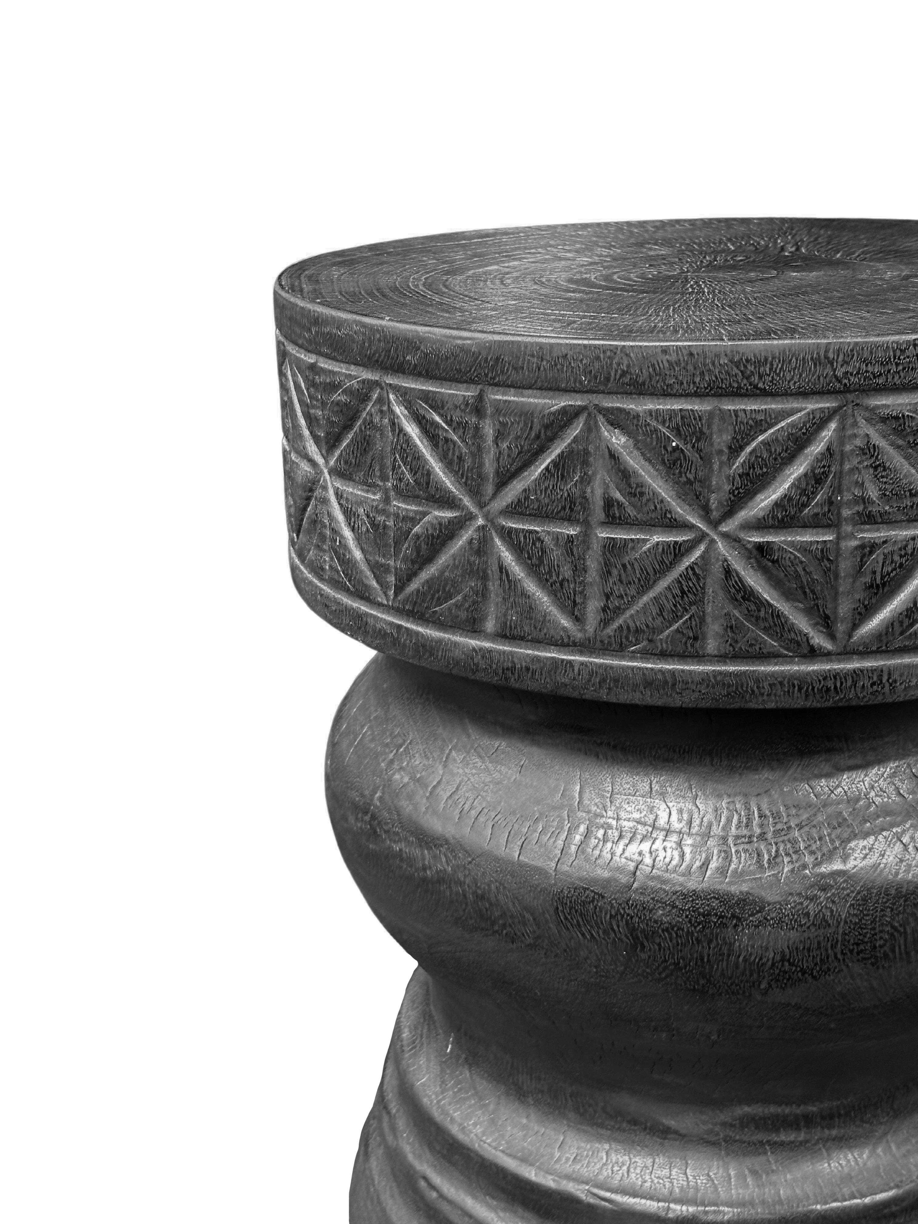 Indonesian Round Mango Wood Side Table, Carved Detailing, Modern Organic For Sale