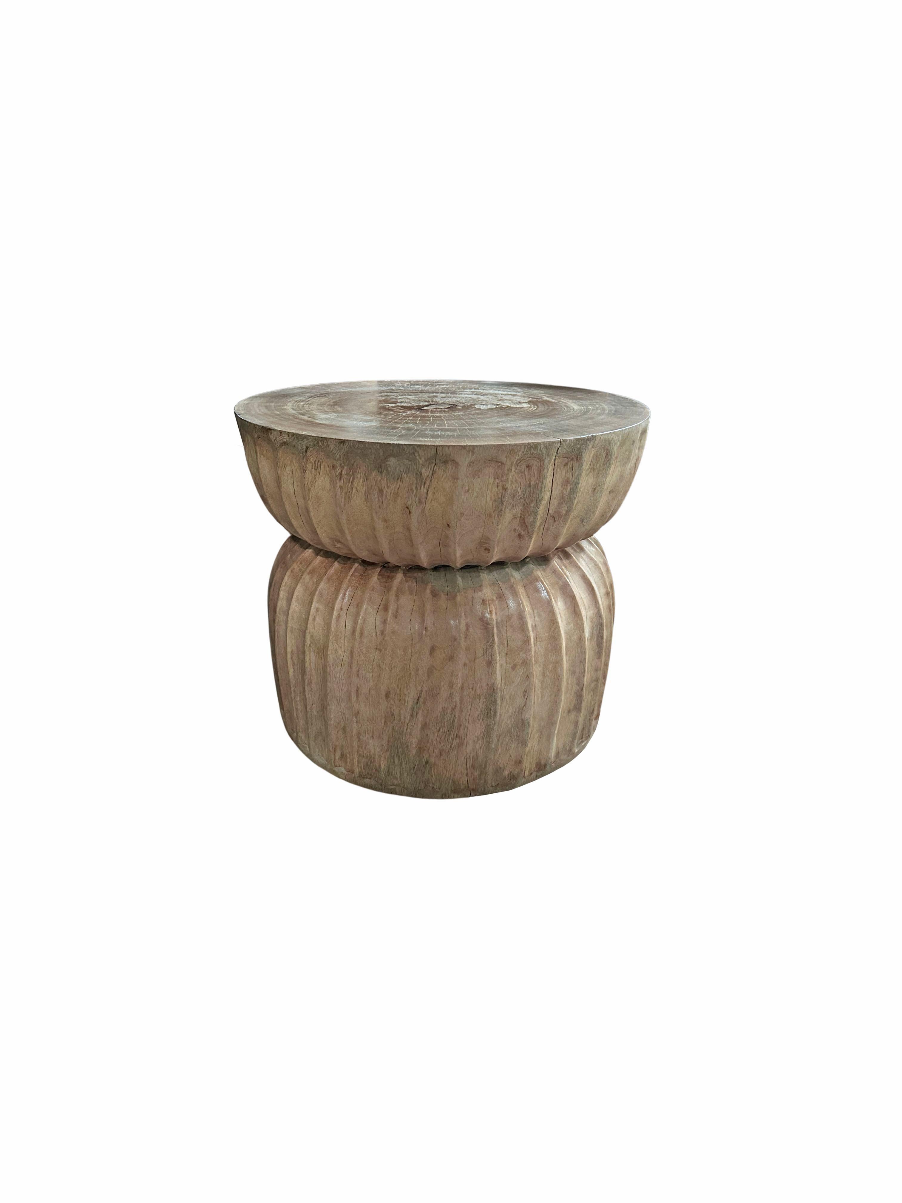 Hand-Crafted Round Mango Wood Side Table, Carved Detailing, Modern Organic For Sale